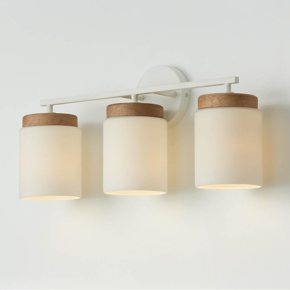 Capital Lighting Liam 23.50''w X 10.25''h 3-light Cylindrical Vanity In White With Mango Wood And Soft White Glass