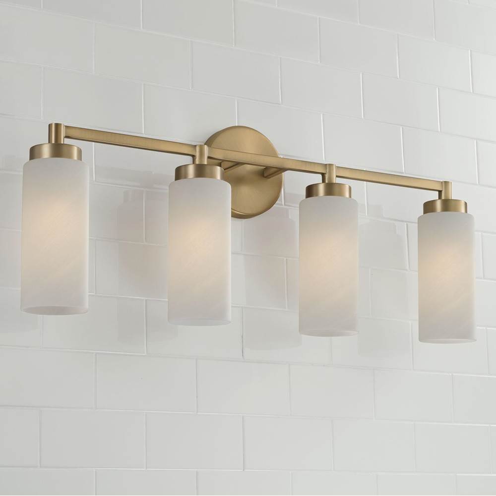 Capital Lighting Alyssa 27.50''w X 11.50''h 4-light Cylindrical Vanity In Aged Brass With Faux Alabaster Glass