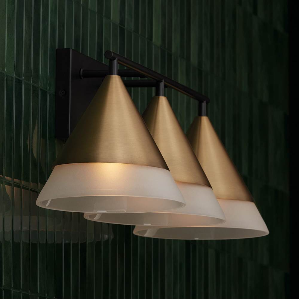 Capital Lighting Avant 26''w X 9''h 3-light Cone Vanity In Black With Aged Brass And Frosted Glass Shades