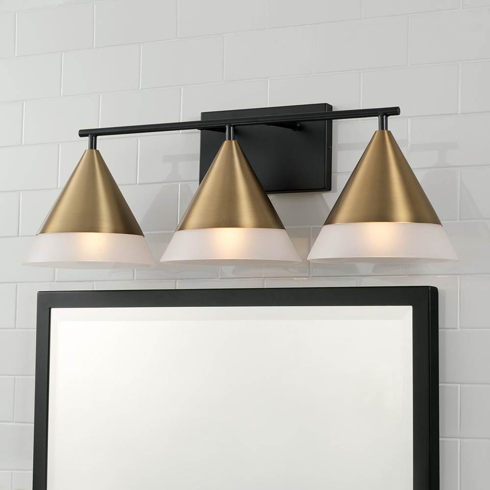 Capital Lighting 151931AB Aged Brass,Black 26''w X 9''h 3-light Cone Vanity In Black With Aged Brass And Frosted Glass Shades Image 4