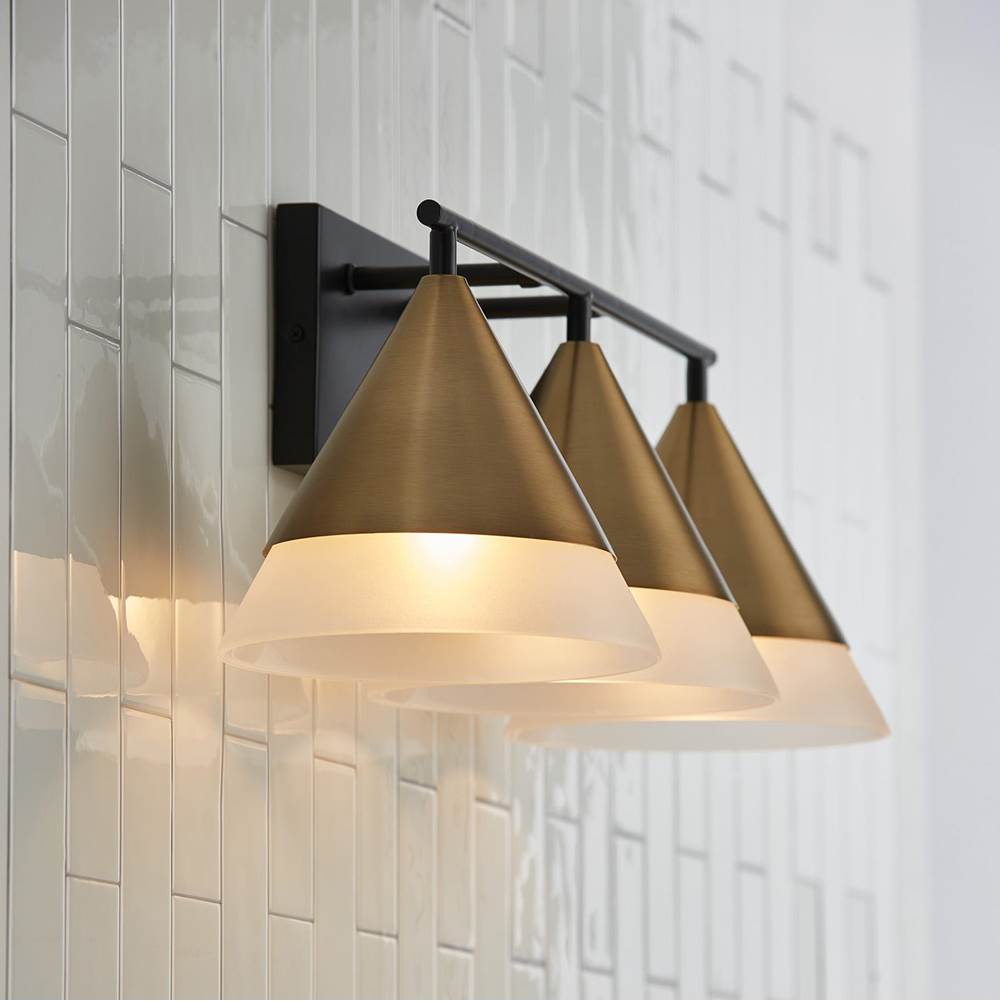 Capital Lighting 151931AB Aged Brass,Black 26''w X 9''h 3-light Cone Vanity In Black With Aged Brass And Frosted Glass Shades Image 6