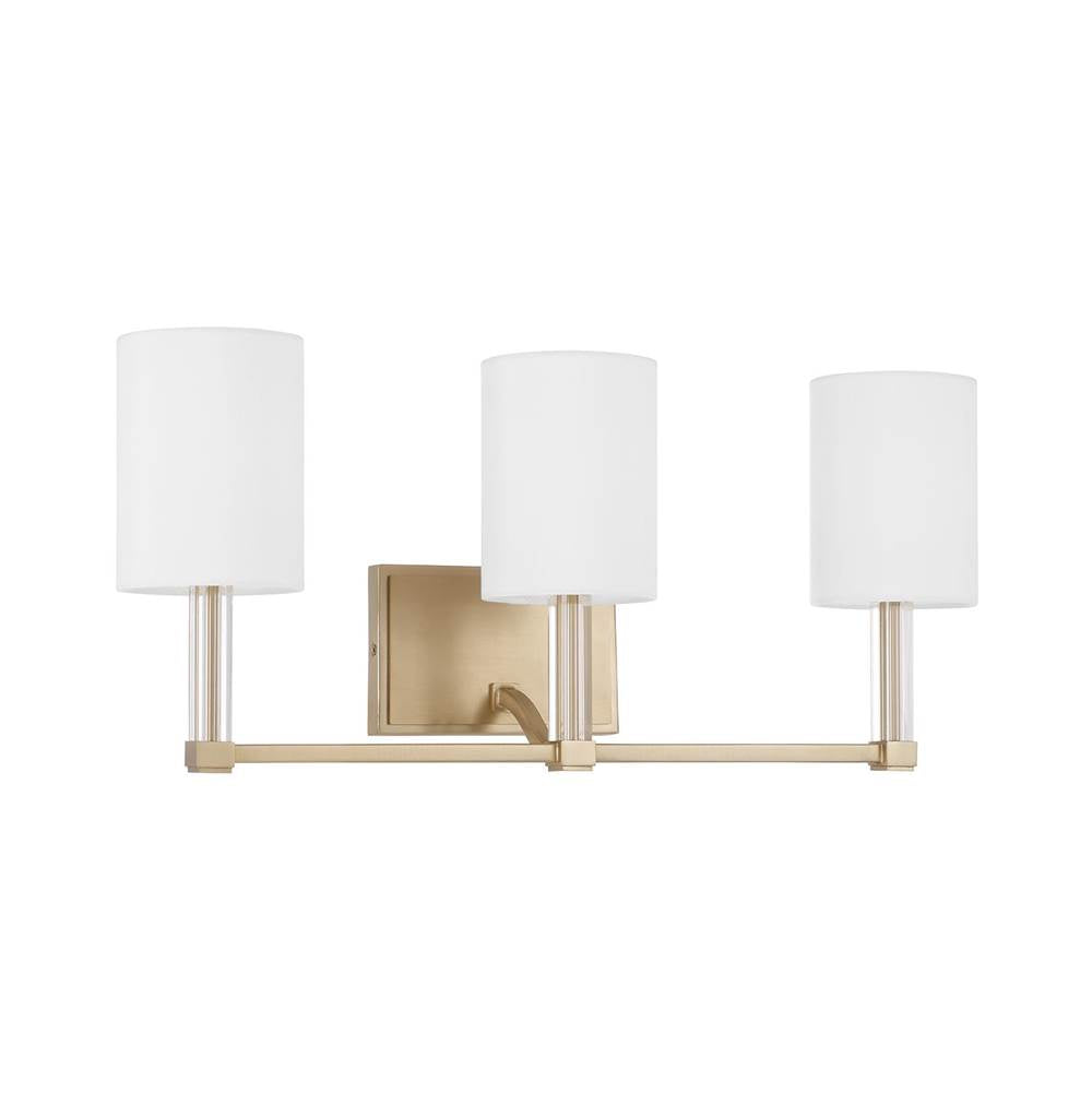 Capital Lighting 157031MA-715 Matte Brass 24'' W X 9.75'' H 3-light Vanity In Matte Brass With Clear Acrylic Accents And Cylindrical White Fabric Shades Image 1