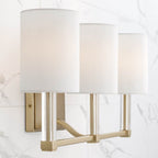 Capital Lighting 157031MA-715 Matte Brass 24'' W X 9.75'' H 3-light Vanity In Matte Brass With Clear Acrylic Accents And Cylindrical White Fabric Shades Image 3