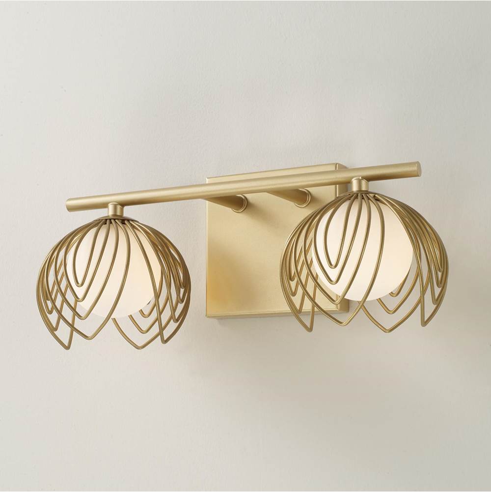 Capital Lighting Flora 14'' W X 6.25'' H 2-light Vanity In Buffed Gold With Bent Wire Petals And Soft White Glass Globes