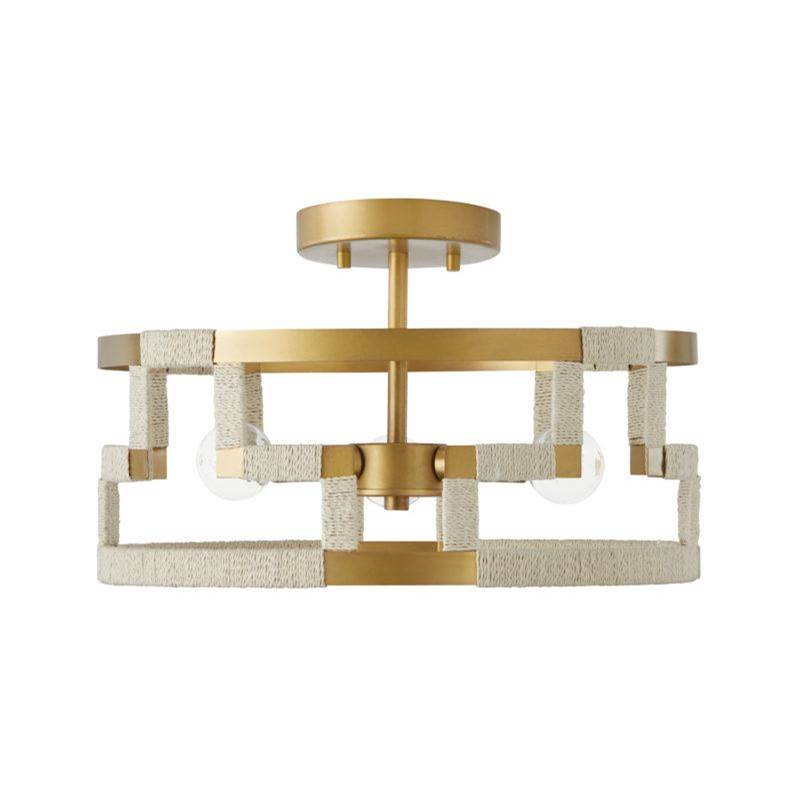 Capital Lighting Hala 15'' W X 6'' H 3-light Dual Mount Semi-flush Or Pendant In Bleached Natural Jute And Patinaed Brass - Greek Key Pattern Artisan Crafted
