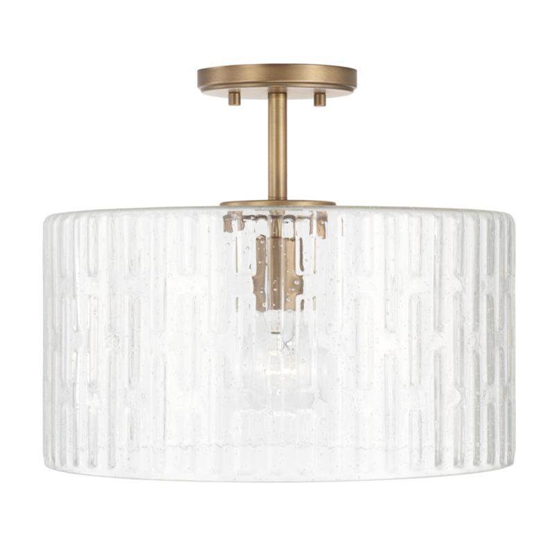 Capital Lighting Emerson 15'' W X 14'' H 1-light Dual Mount Semi-flush Or Pendant In Aged Brass With Embossed Seeded Glass