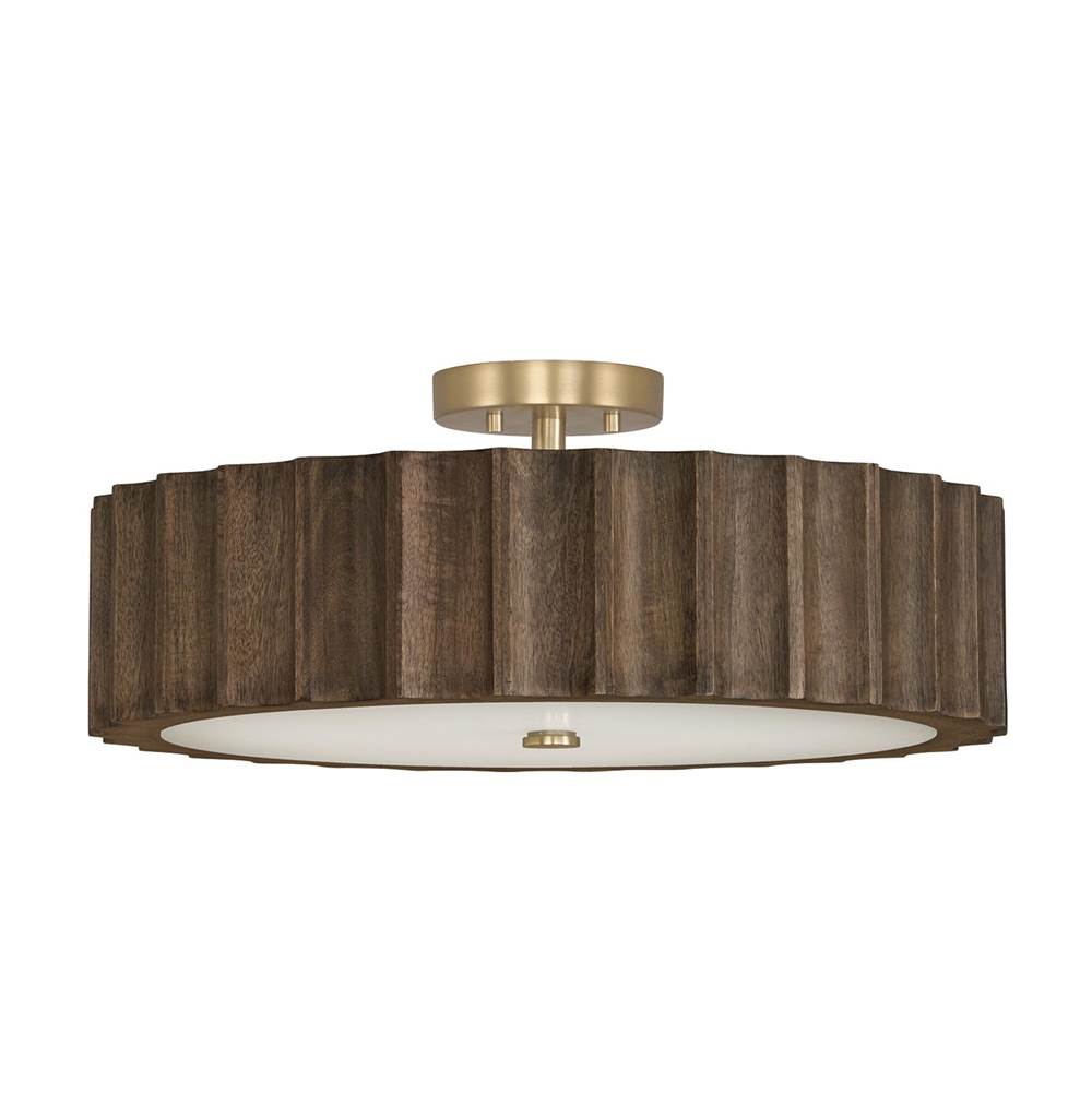 Capital Lighting 257641MA Matte Brass 20'' W X 8.25'' H 4-light Reversed-flute Handcrafted Mango Wood Drum Semi Flush In Nordic Wood With Matte Brass And White Glass Diffuser Image 1