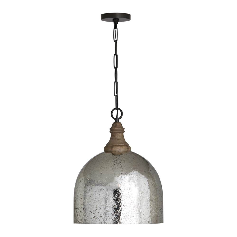 Capital Lighting Inglewood 15'' W X 19'' H 1-light Stone Seeded Mercury Glass Pendant With Grey Wash Wood Finial In Pewter