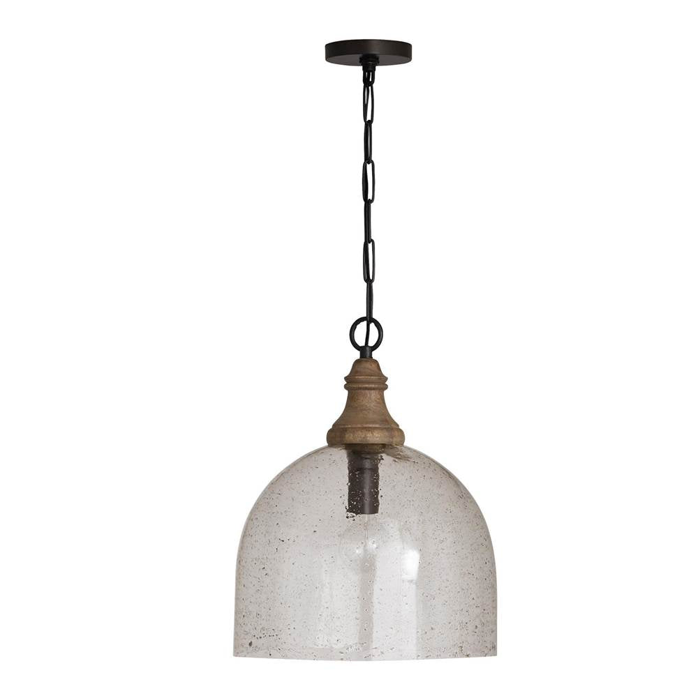 Capital Lighting Inglewood 15'' W X 19'' H 1-light Stone Seeded Glass Pendant With Grey Wash Wood Finial In Pewter