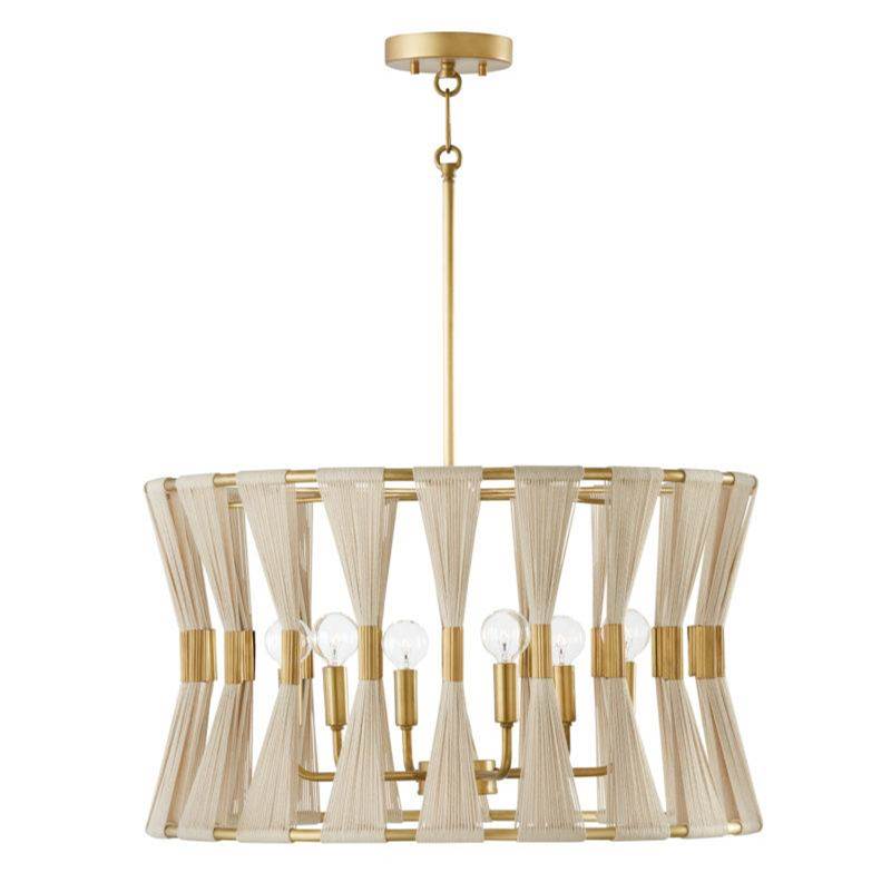 Capital Lighting Bianca 24.5'' W X 14'' H 6-light Pendant In Bleached Natural Rope And Patinaed Brass - P'' Pleat Gathered String Tapered