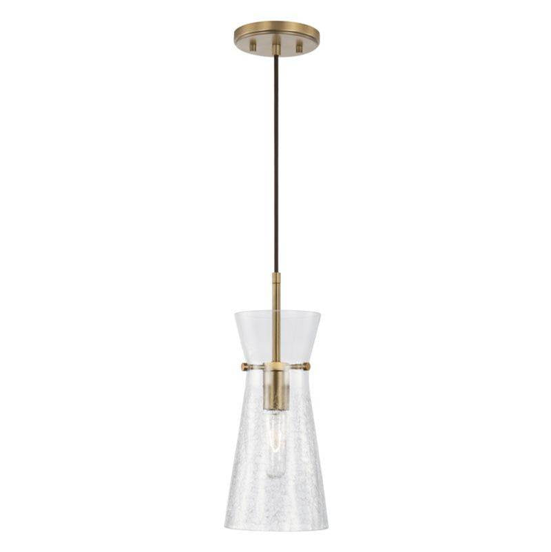 Capital Lighting Mila 6'' W X 14.5'' H 1-light Pendant In Aged Brass With Clear Half-crackle Tapered Glass