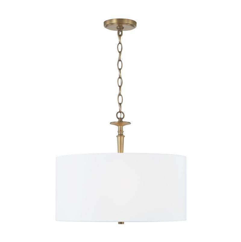 Capital Lighting Abbie 19'' W X 16'' H 3-light Drum Pendant In Aged Brass With White Fabric Shade And White Glass Diffuser