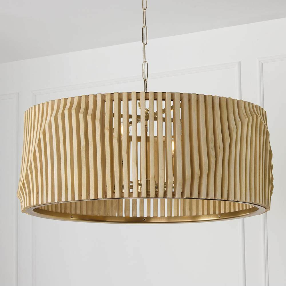 Capital Lighting Archer 32.25'' W X 14.5'' H 6-light Pendant In Matte Brass And Handcrafted Blonde Mango Wood