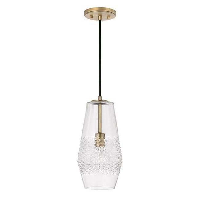 Capital Lighting 345011AD Aged Brass 7'' W X 14'' H 1-light Pendant In Aged Brass With Diamond Embossed Glass And Black Braided Cord Image 1