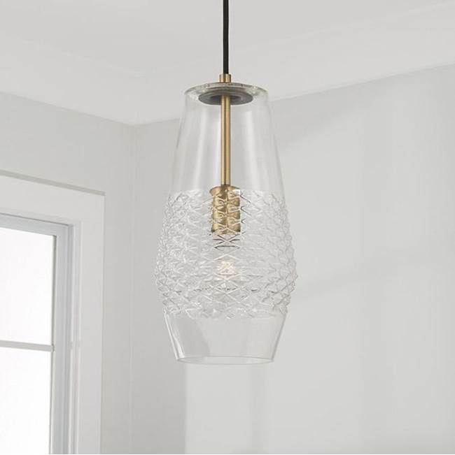 Capital Lighting 345011AD Aged Brass 7'' W X 14'' H 1-light Pendant In Aged Brass With Diamond Embossed Glass And Black Braided Cord Image 2
