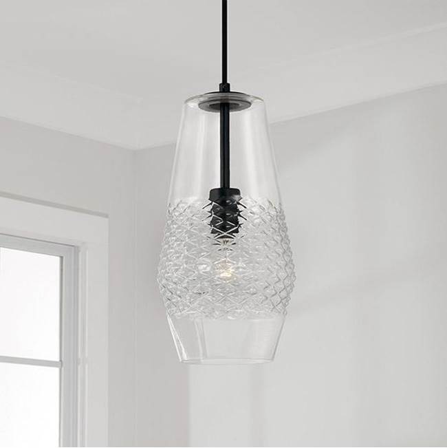 Capital Lighting 345011MB Matte Black 7'' W X 14'' H 1-light Pendant In Matte Black With Diamond Embossed Glass And Black Braided Cord Image 2