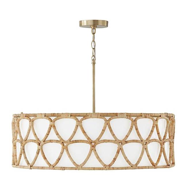 Capital Lighting 347242MA Matte Brass 28''w X 19.5''h 4-light Wide Pendant In Matte Brass With White Fabric Shade And Hand-wrapped Natural Rattan Image 1