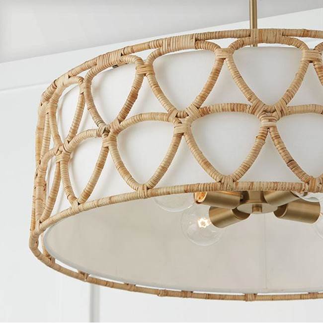 Capital Lighting Tulum 28''w X 19.5''h 4-light Wide Pendant In Matte Brass With White Fabric Shade And Hand-wrapped Natural Rattan