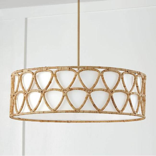 Capital Lighting 347242MA Matte Brass 28''w X 19.5''h 4-light Wide Pendant In Matte Brass With White Fabric Shade And Hand-wrapped Natural Rattan Image 2