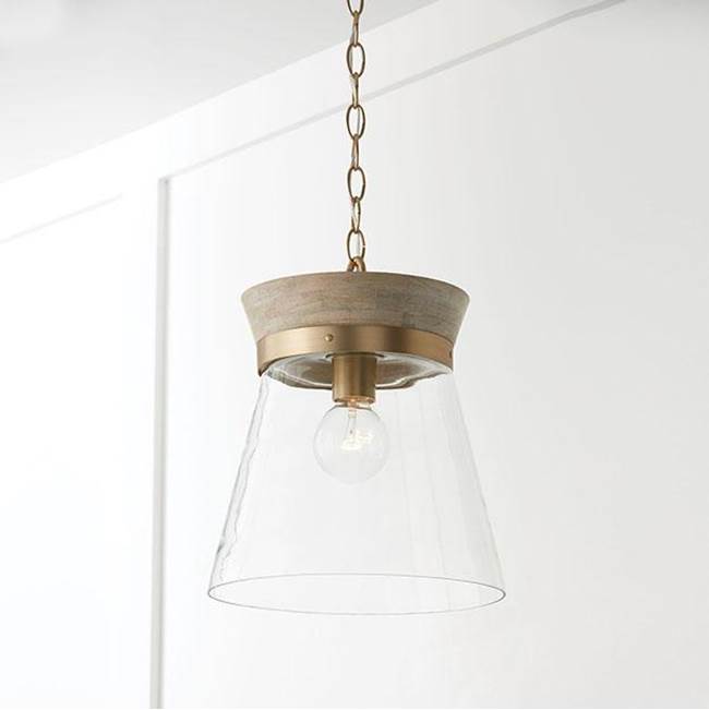 Capital Lighting 347311WS White Wash,Matte Brass 12''w X 14''h 1-light Pendant In White Wash Wood And Matte Brass With Clear Glass Image 2
