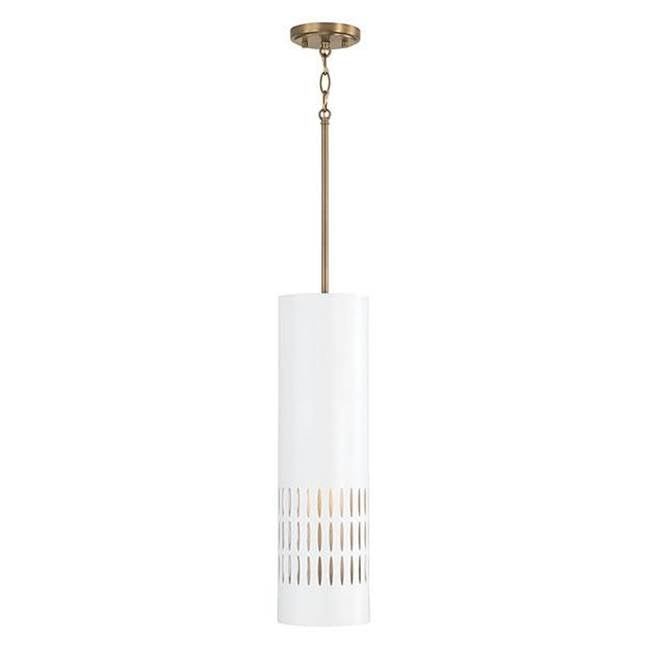 Capital Lighting 350211AW Aged Brass,White 6.25''w X 21.75''h 1-light Pendant In Aged Brass And White Metal Shade With Painted Aged Brass Interior Image 1