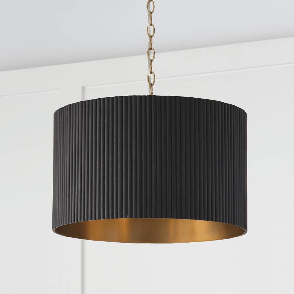Capital Lighting Donovan 19.75''w X 14.50''h 3-light Pendant In Matte Brass And Handcrafted Mango Wood In Black Stain
