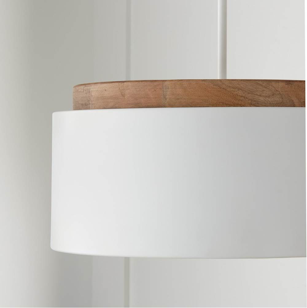 Capital Lighting 350912LT Light Wood,White 18''w X 8.75''h 1-light Drum Pendant In White With Mango Wood And Matte White Metal Shade With Soft White Glass Globe Image 4