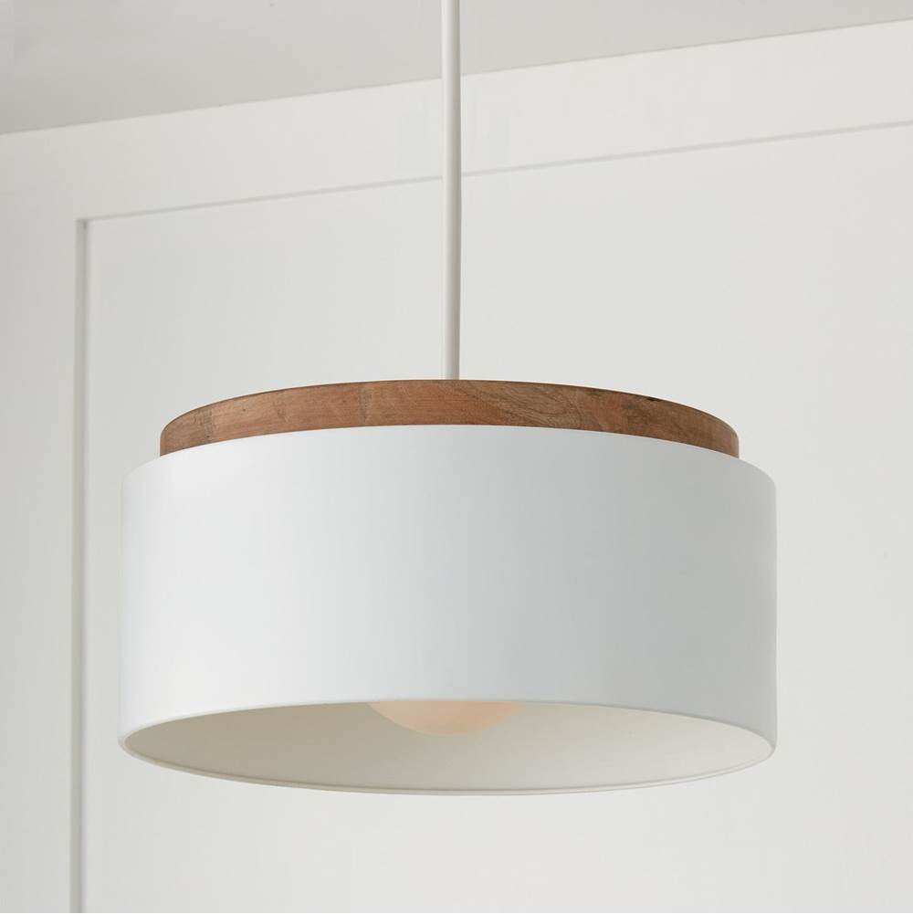 Capital Lighting 350912LT Light Wood,White 18''w X 8.75''h 1-light Drum Pendant In White With Mango Wood And Matte White Metal Shade With Soft White Glass Globe Image 6