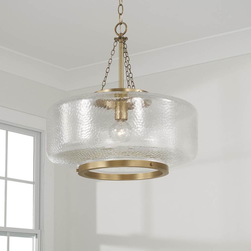 Capital Lighting Landon 19.75'' W X 20.25'' H 1-light Cloche Pendant In Aged Brass With Organic Hammered Glass