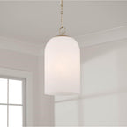 Capital Lighting Cleo 9'' W X 18'' H 1-light Capsule Pendant In Matte Brass With Faux Alabaster Glass And Alternating Loop Designer Chain