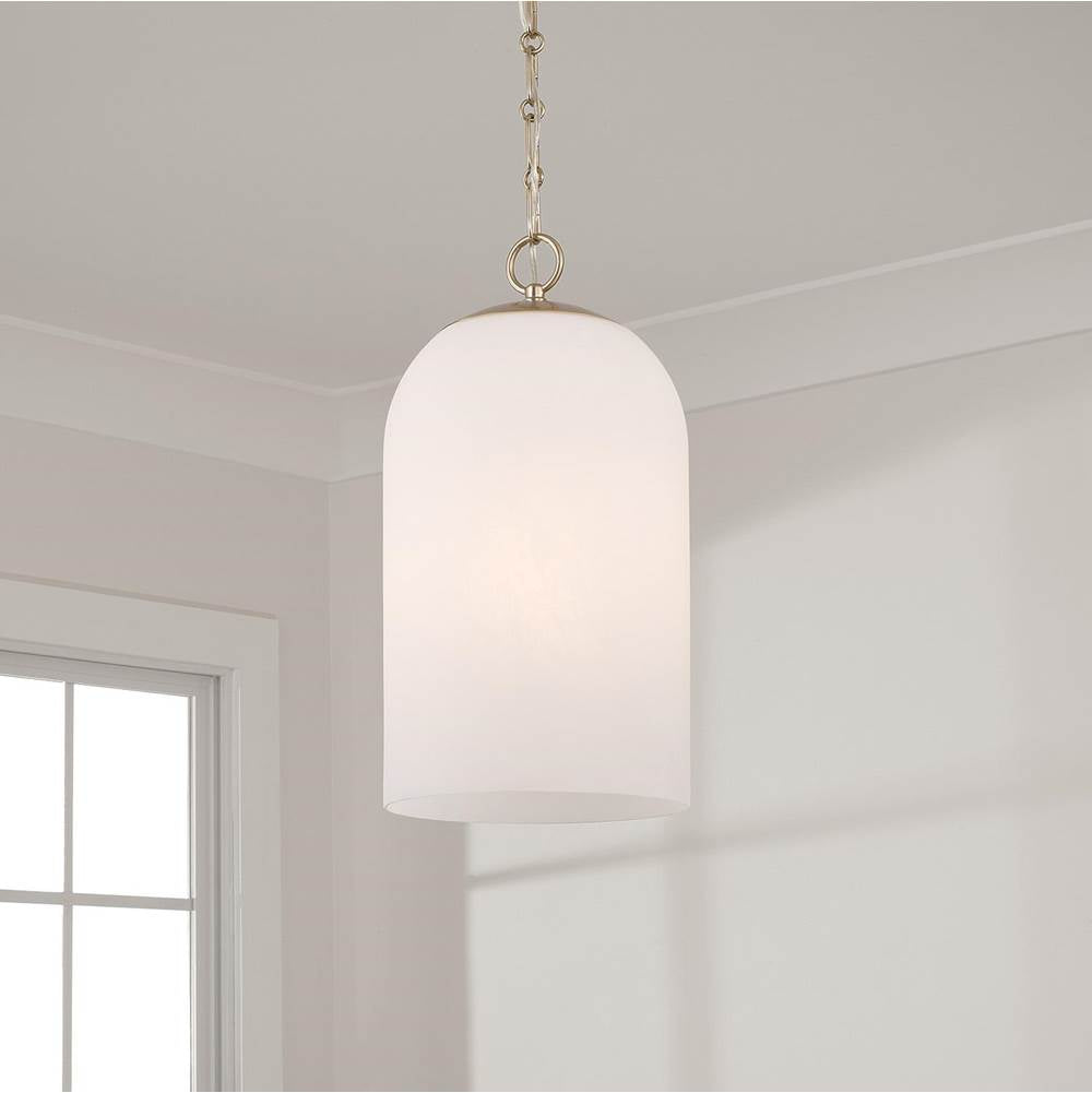 Capital Lighting Cleo 9'' W X 18'' H 1-light Capsule Pendant In Matte Brass With Faux Alabaster Glass And Alternating Loop Designer Chain