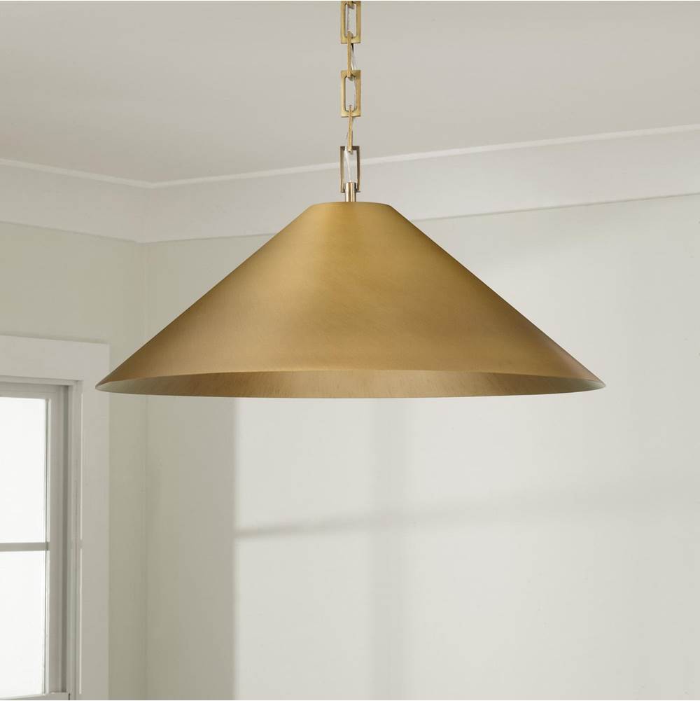 Capital Lighting Avery 20'' W X 8'' H 1-light Metal Cone Pendant In Aged Brass With Painted Brass Interior And Rectangular Designer Chain