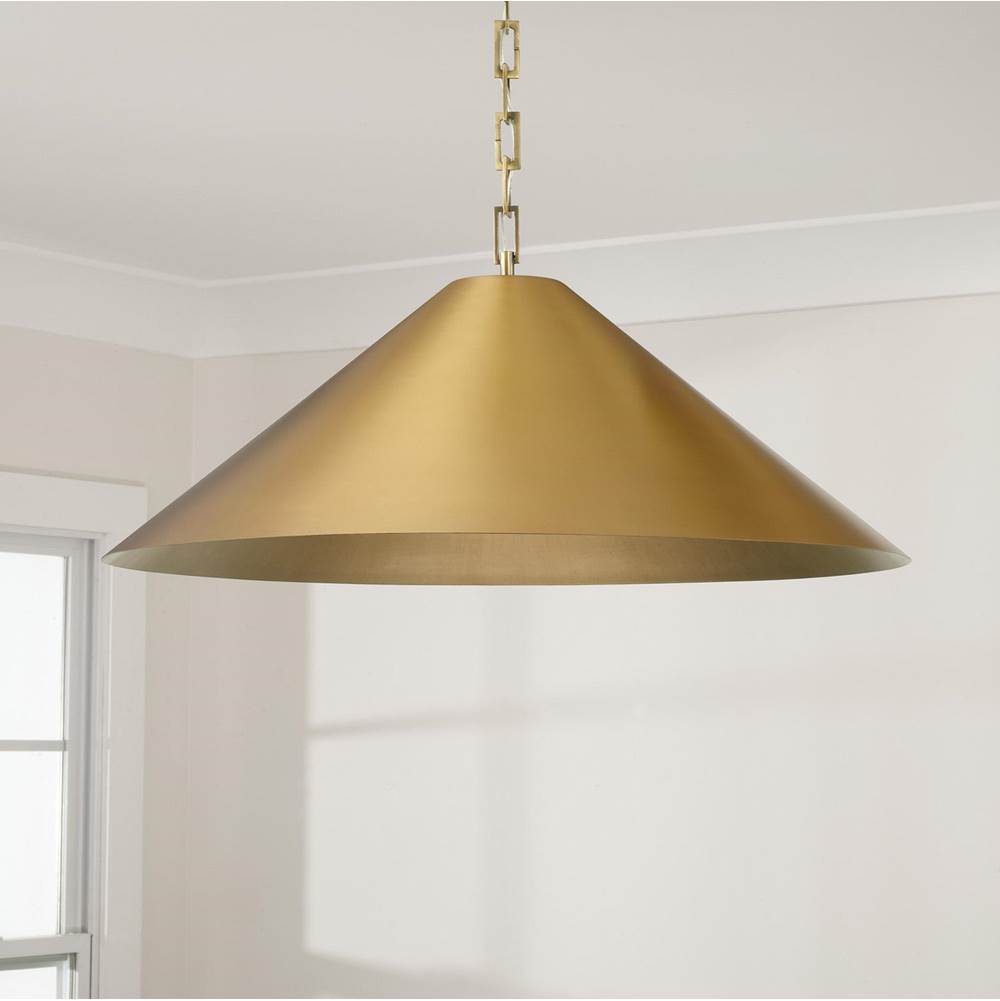 Capital Lighting Avery 28'' W X 10'' H 1-light Metal Cone Pendant In Aged Brass With Painted Brass Interior And Rectangular Designer Chain