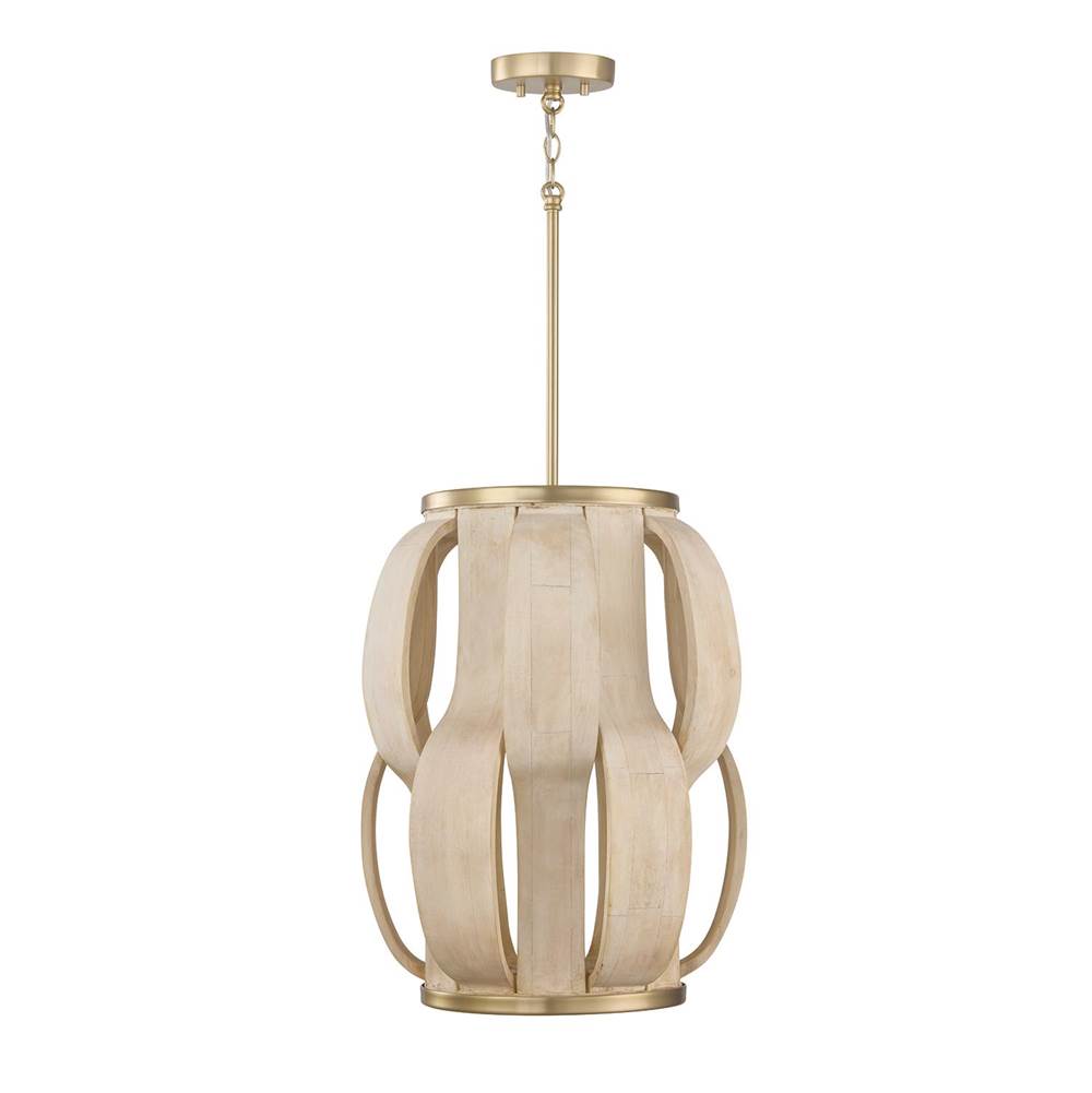 Capital Lighting 357511MA Matte Brass 16'' W X 21.25'' H 1-light Handcrafted Cylindrical Pendant In Matte Brass With Hand-carved Bleached Mango Wood Panels Image 1