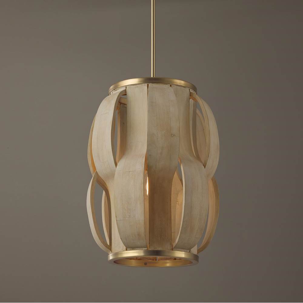 Capital Lighting Willa 16'' W X 21.25'' H 1-light Handcrafted Cylindrical Pendant In Matte Brass With Hand-carved Bleached Mango Wood Panels