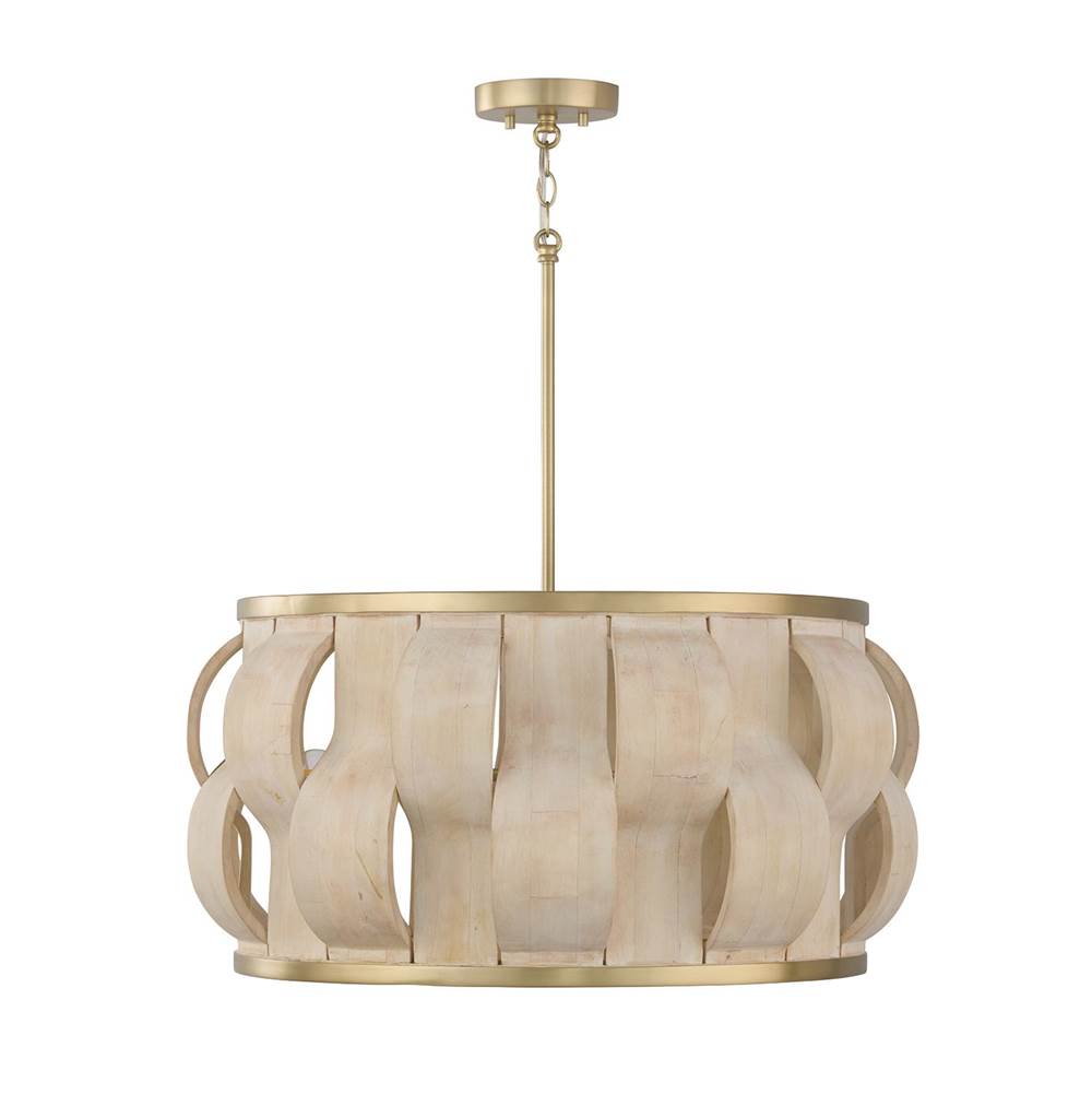 Capital Lighting 357541MA Matte Brass 27'' W X 13.5'' H 4-light Handcrafted Drum Pendant In Matte Brass With Hand-carved Bleached Mango Wood Panels Image 1
