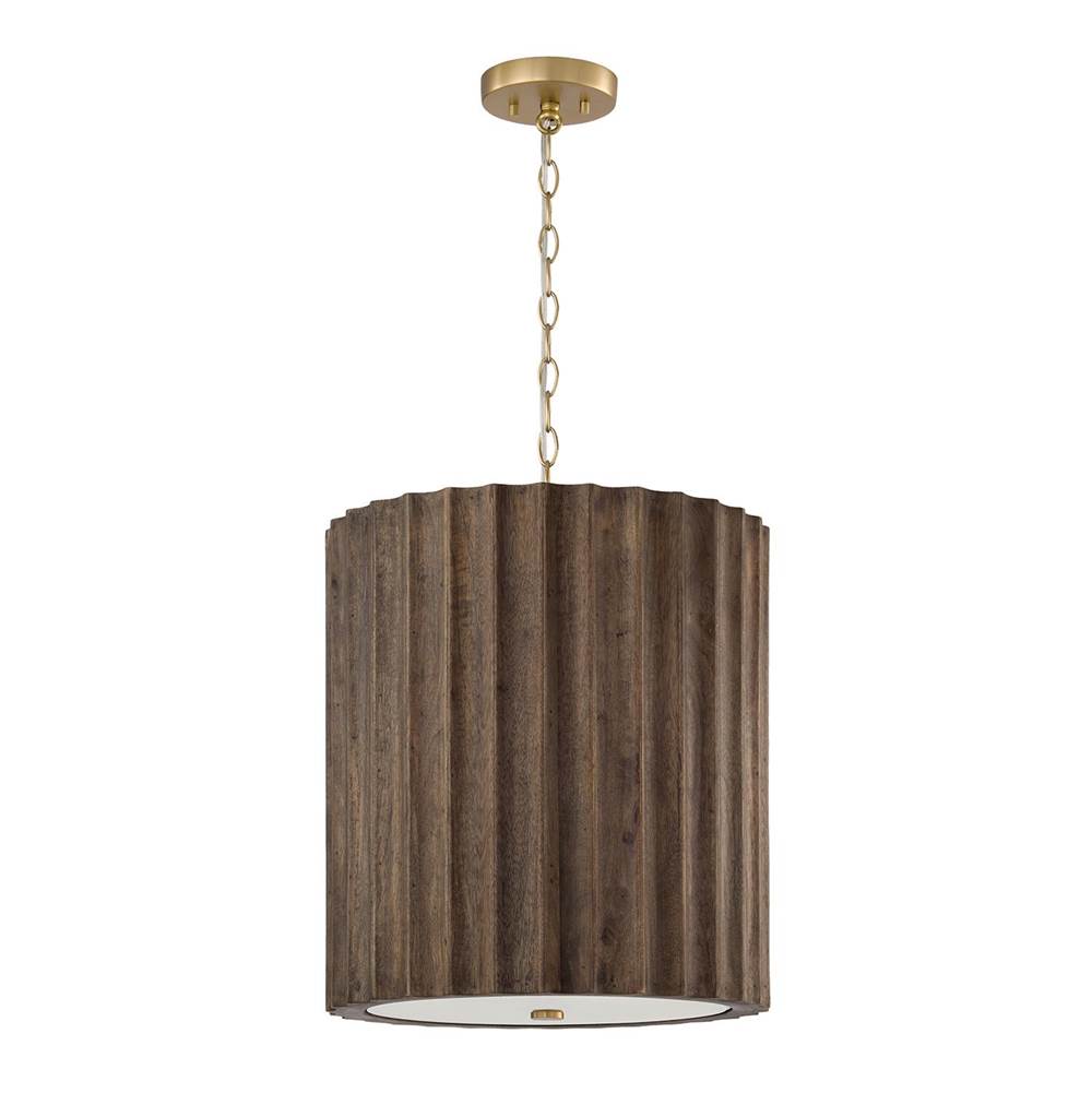 Capital Lighting 357631MA Matte Brass 16.5'' W X 19.5'' H 3-light Reversed-flute Handcrafted Mango Wood Pendant In Nordic Wood With Matte Brass And White Glass Diffuser Image 1