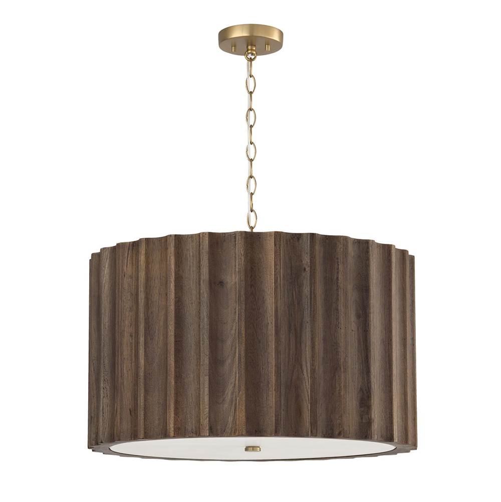 Capital Lighting 357641MA Matte Brass 25.75'' W X 15.75'' H 4-light Reversed-flute Handcrafted Mango Wood Pendant In Nordic Wood With Matte Brass And White Glass Diffuser Image 1
