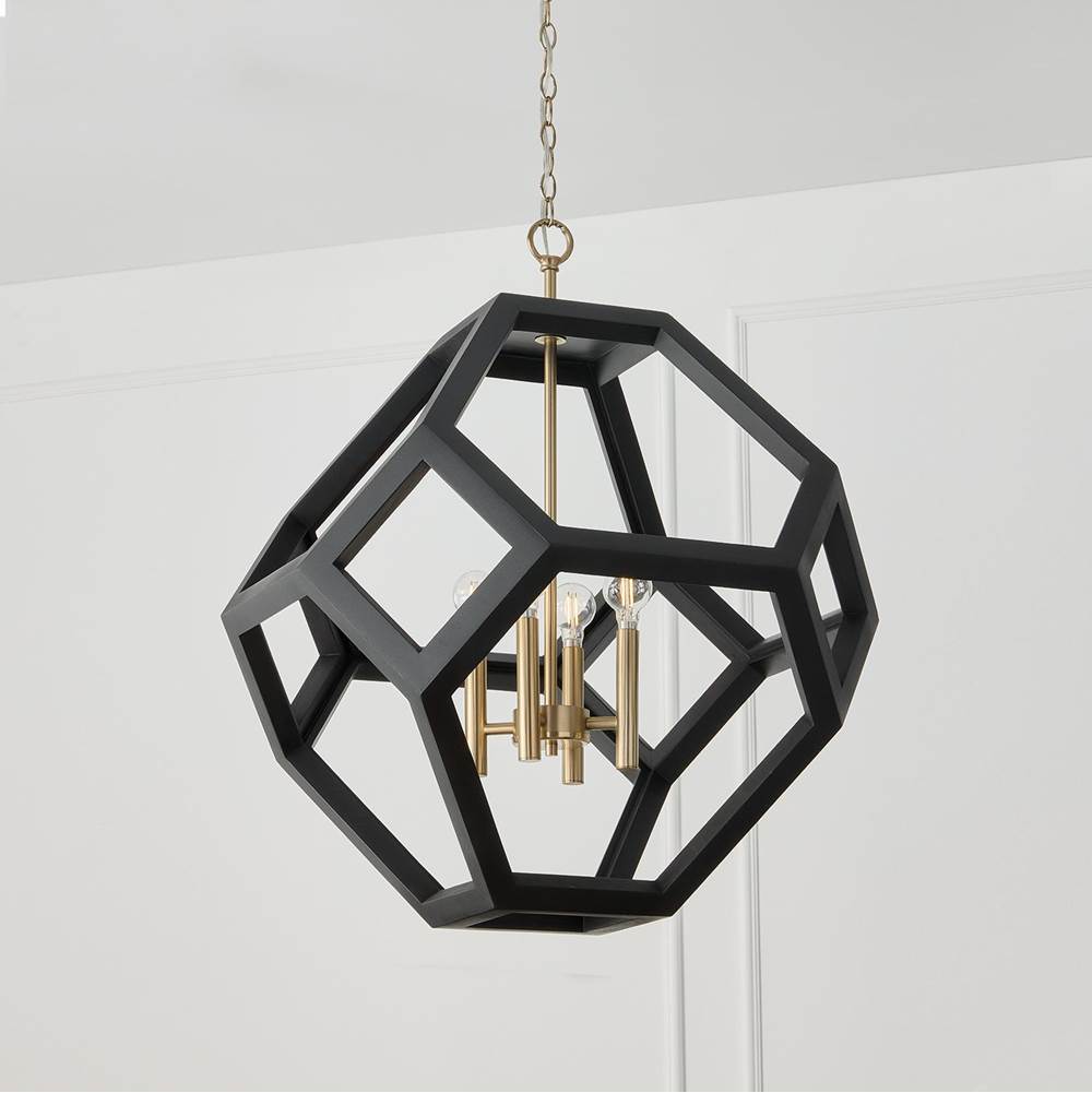 Capital Lighting Geo 24'' W X 28'' H 4-light Geometric Orb Pendant In Matte Brass With Handcrafted Mango Wood Hand-painted Flat Black