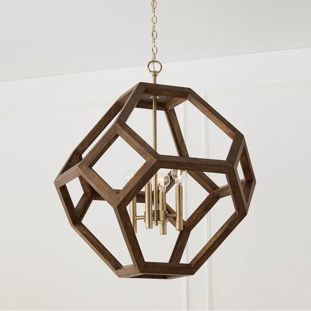 Capital Lighting Geo 24'' W X 28'' H 4-light Geometric Orb Pendant In Matte Brass With Handcrafted Mango Wood Hand-painted Flat Black