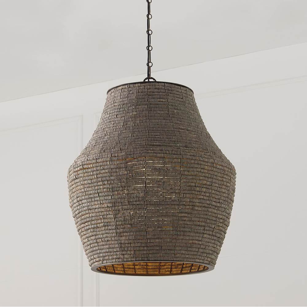 Capital Lighting Morada 23'' W X 27.5'' H 1-light Intricate Beaded Vase Pendant With Handcrafted Wooden Beads In Aegean Grey And Dark Brass With Inner Glass Globe And Decorative Designer Chain