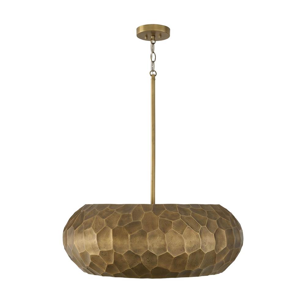 Capital Lighting 360241BPB Burnished Patinaed Brass 26'' W X 9.75'' H 4-light Faceted Drum Pendant In Burnished Patinaed Brass With Handcrafted Sandcast Distressed Texture Image 1