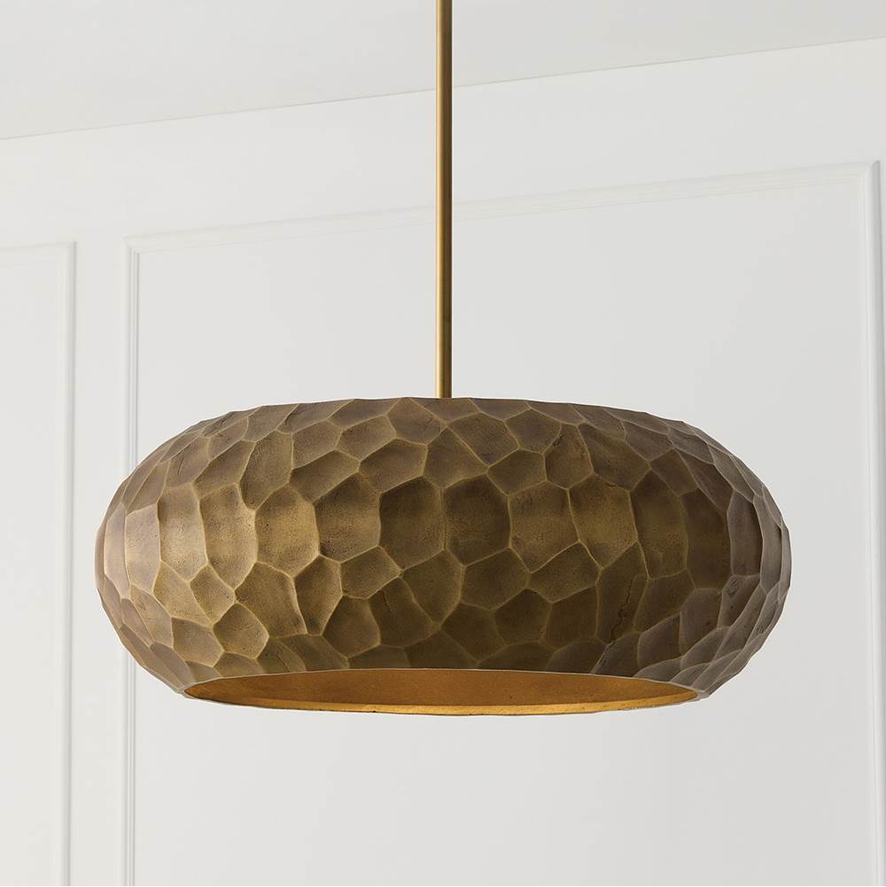 Capital Lighting Dorian 26'' W X 9.75'' H 4-light Faceted Drum Pendant In Burnished Patinaed Brass With Handcrafted Sandcast Distressed Texture