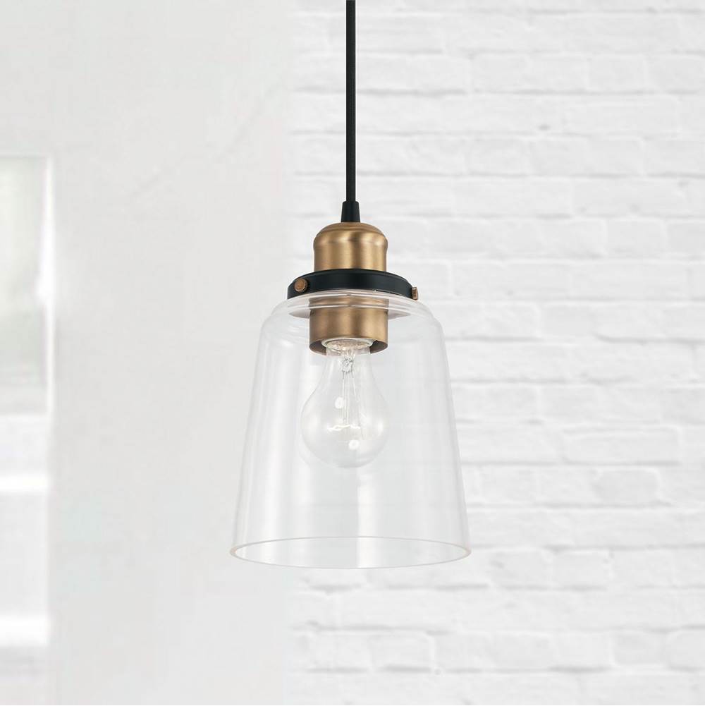 Capital Lighting Fallon 6'' W X 9'' H 1-light Pendant In Aged Brass And Black With Clear Glass Shade And Braided Black Cord