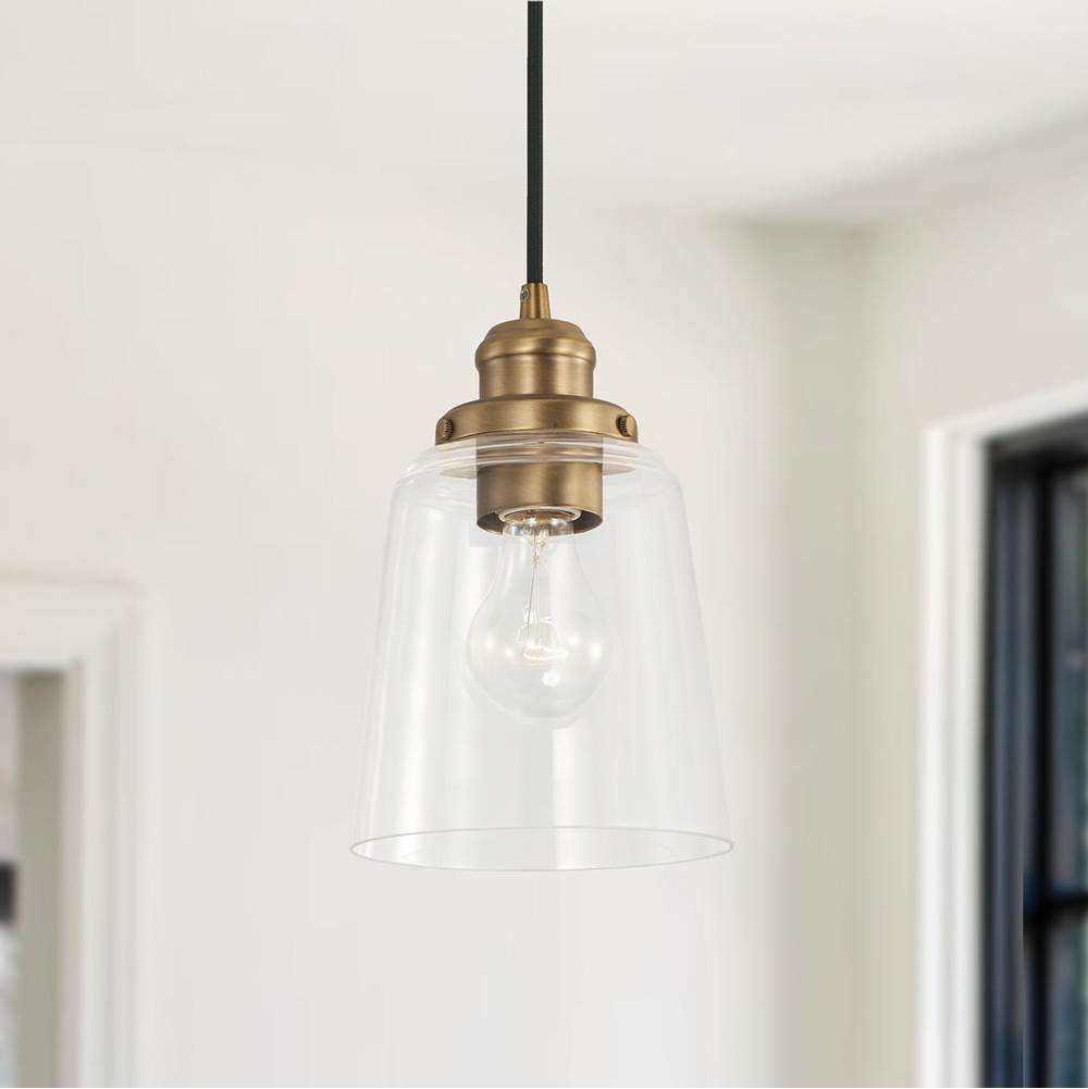 Capital Lighting Fallon 6'' W X 9'' H 1-light Pendant In Aged Brass And Black With Clear Glass Shade And Braided Black Cord