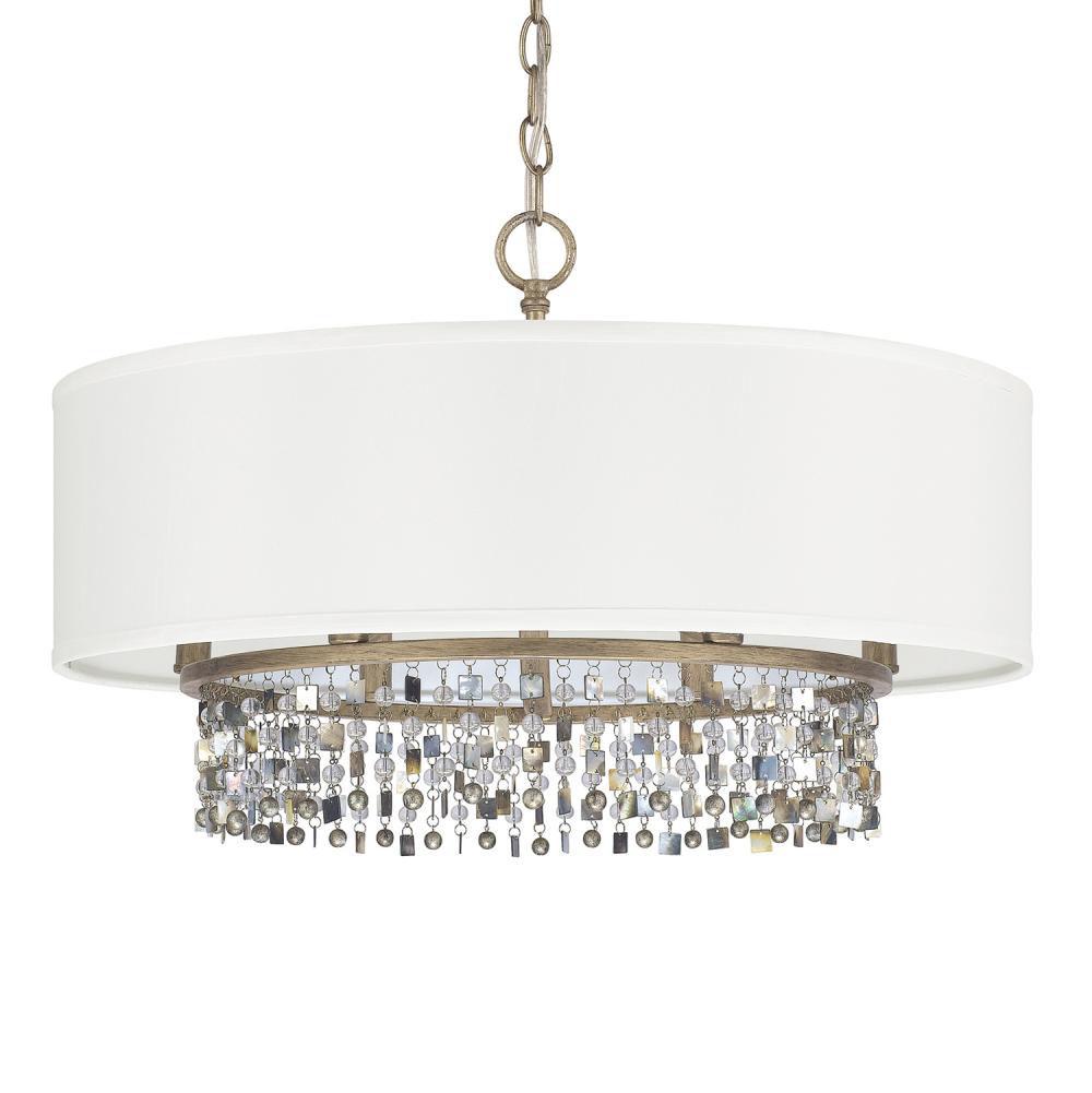 Capital Lighting Harper 24'' W X 15.5'' H 6-light Dual Mount Pendant In Brushed Gold With White Fabric Drum Shade With Multicolor Shell Adornments