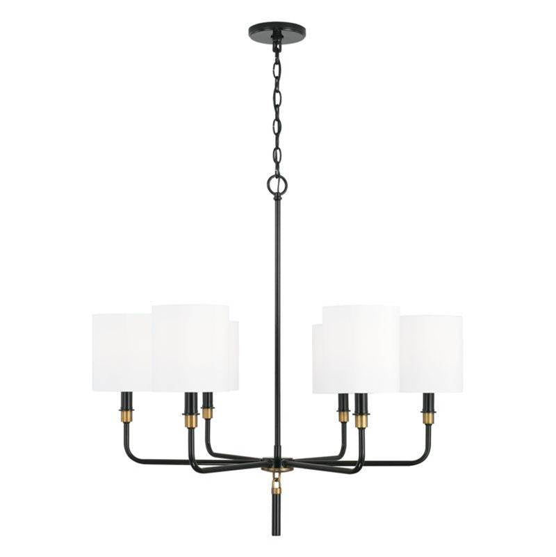 Capital Lighting Beckham 32'' W X 31.5'' H 6-light Chandelier In Glossy Black And Aged Brass With White Fabric Stay-straight Shades