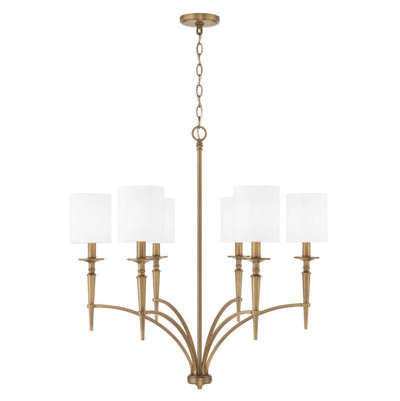 Capital Lighting Abbie 31'' W X 32'' H 6-light Chandelier In Aged Brass With White Fabric Stay-straight Shades