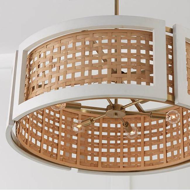 Capital Lighting Lola 30'' W X 11'' H 6-light Chandelier In Flat White And Matte Brass Made With Handcrafted Mango Wood And Rattan