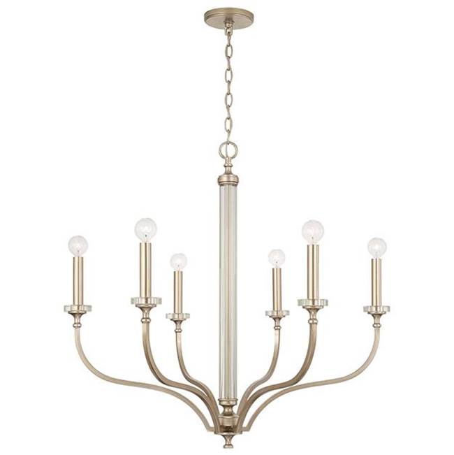 Capital Lighting 444861BS Brushed Champagne 32'' W X 30.5'' H 6-light Medium Chandelier In Brushed Champagne With Acrylic Column And Bobeches Image 1